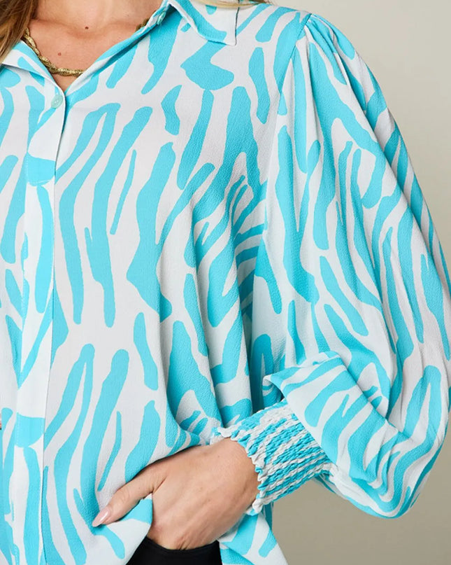 Double Take Full Size Printed Smocked Long Sleeve Blouse Plus Size