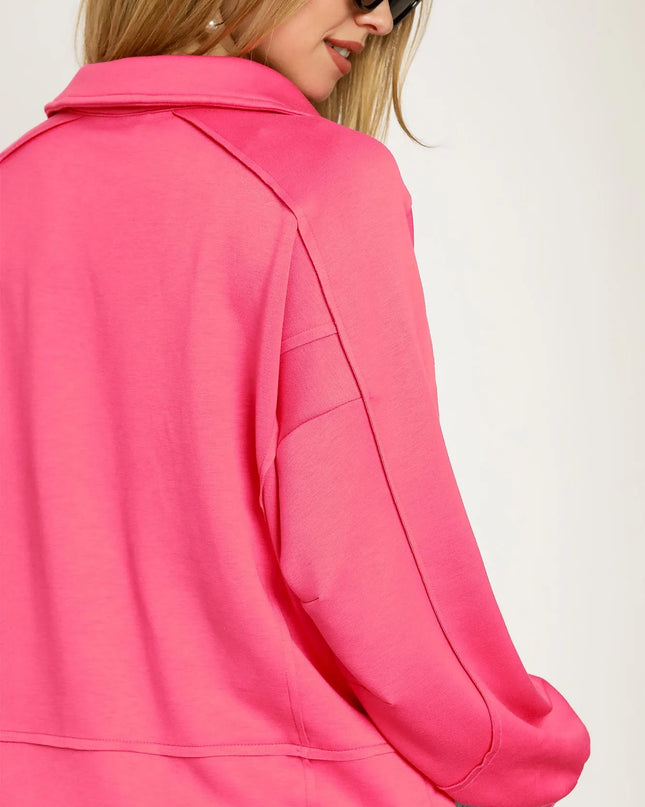 Umgee Exposed Seam Long Sleeve Polo Top with Side Slit