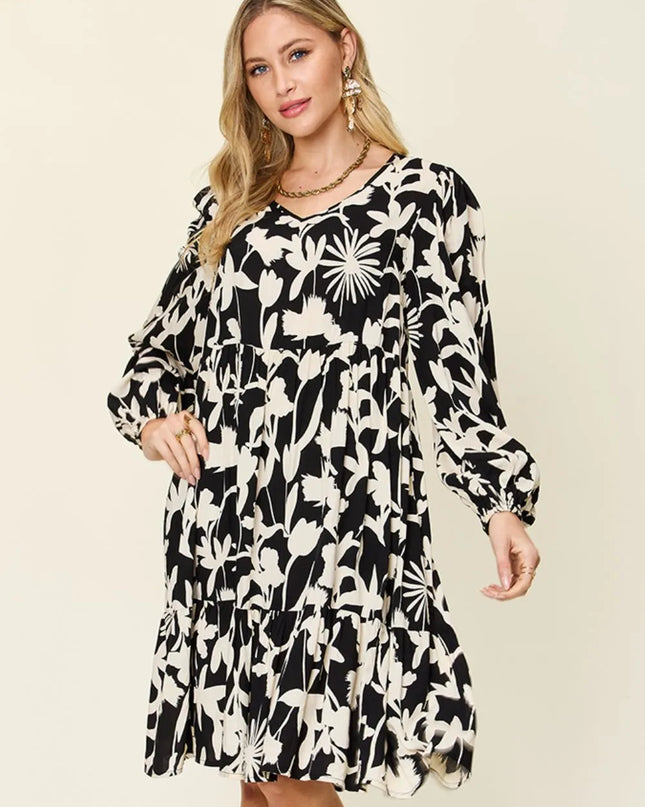 Double Take Full Size Printed Ruffle Hem Dress with Pocket Black