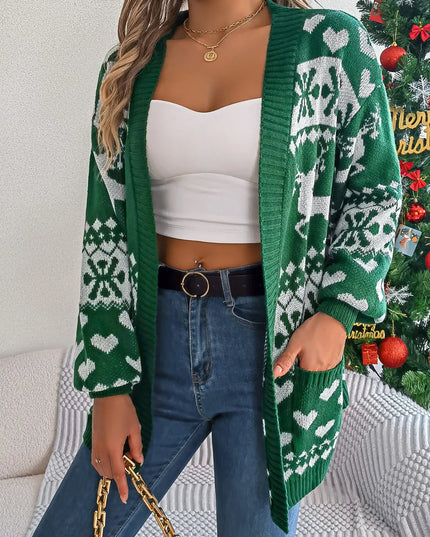 Pocketed Open Front Long Sleeve Cardigan Dark Green