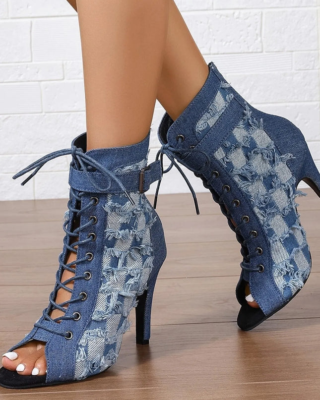 Distressed Denim Lace-Up Peep Toe Ankle Boots 