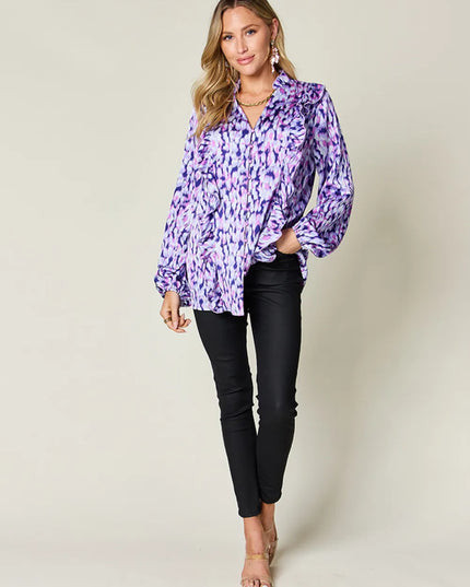 Double Take Full Size Printed Ruffle Trim Balloon Sleeve Shirt