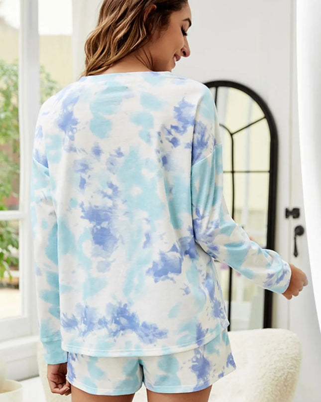 Shiny Tie-Dye Dropped Shoulder Top and Shorts Lounge Set