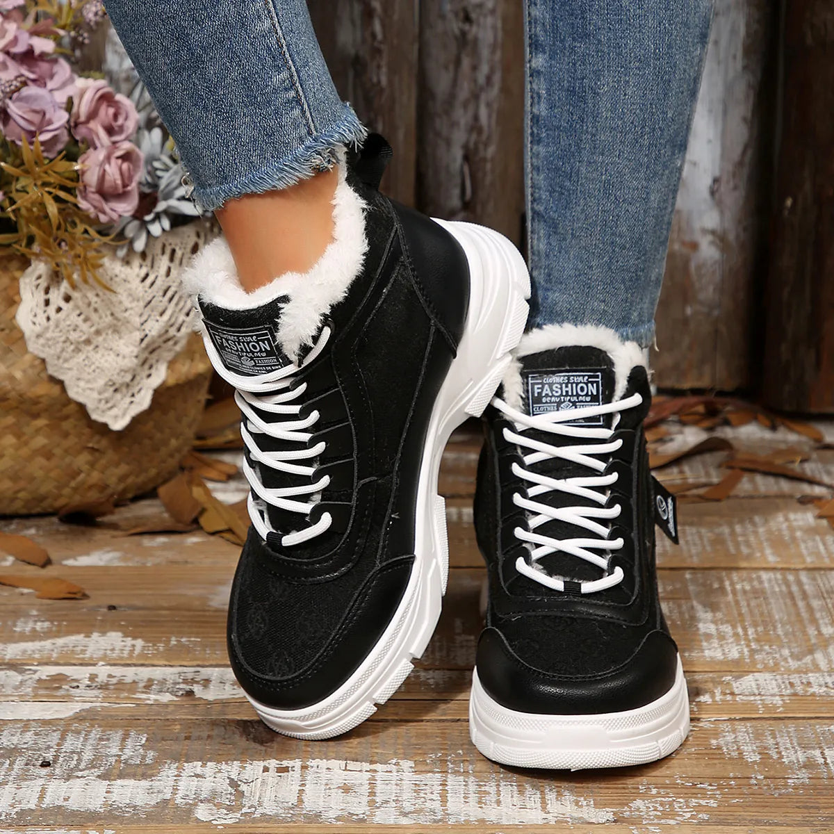 High-Top Platform Chunky Sneaker Boots with Lace-Up Black