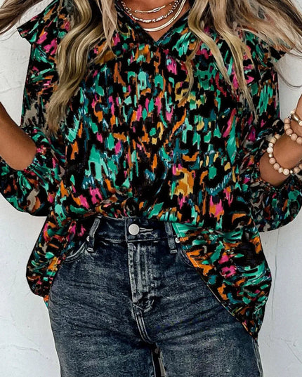 Abstract Print 3/4 Sleeve Ruffle Blouse