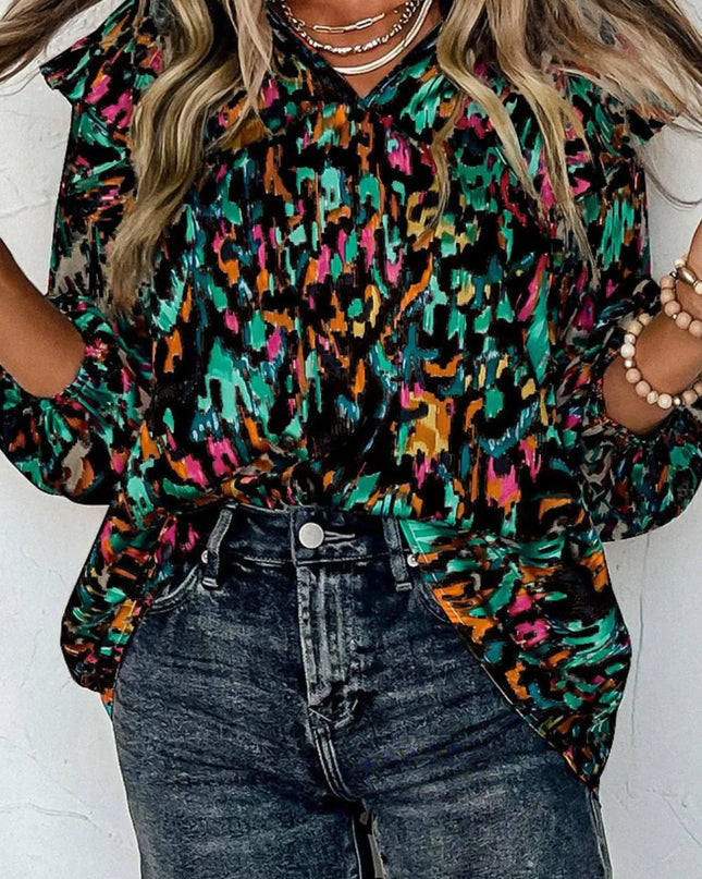 Abstract Print 3/4 Sleeve Ruffle Blouse