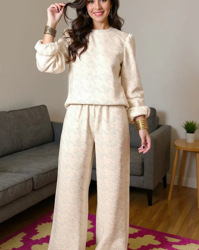 Double Take Texture Long Sleeve Top and Wide Leg Pants Set Cream