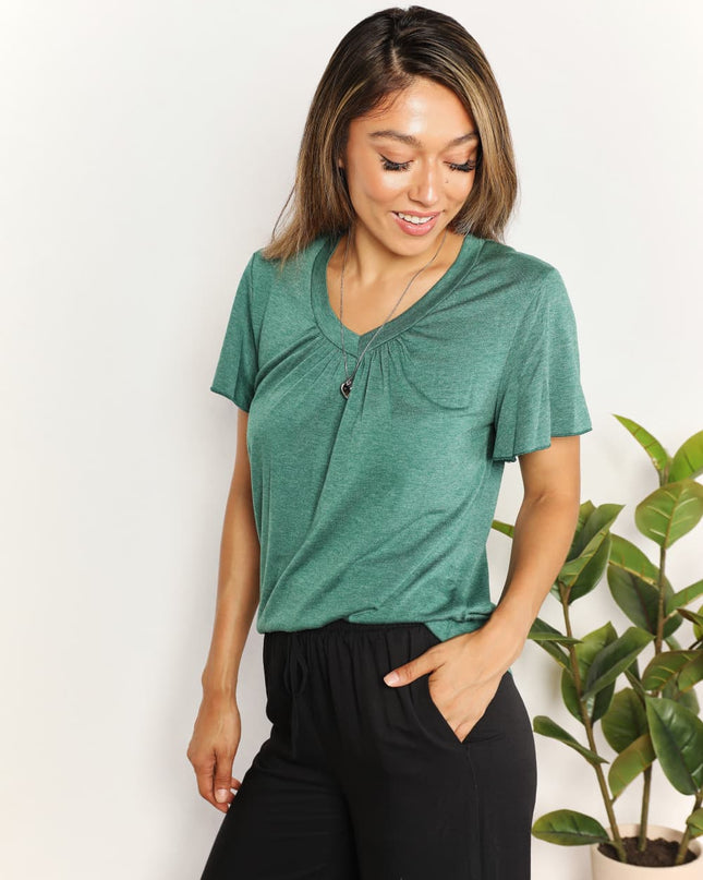 Double Take Ruched V-Neck Short Sleeve T-Shirt