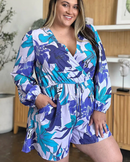 Double Take Full Size Floral Long Sleeve Romper with Pockets
