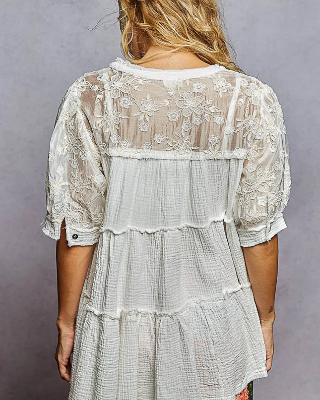 POL Lace Detail Tiered Round Neck Half Sleeve Blouse