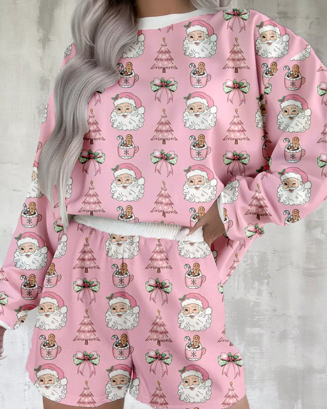 Christmas Santa Print Round Neck Top and Shorts Lounge Set Dusty Pink