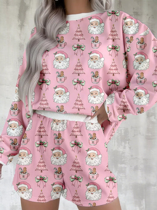 Christmas Santa Print Round Neck Top and Shorts Lounge Set Dusty Pink
