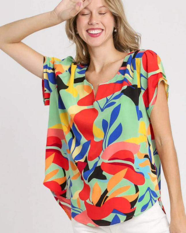 Umgee Full Size Short Sleeved Abstract Print Top Plus Size Light Green