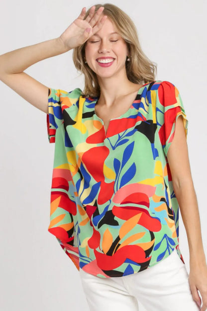 Umgee Full Size Short Sleeved Abstract Print Top Plus Size Light Green