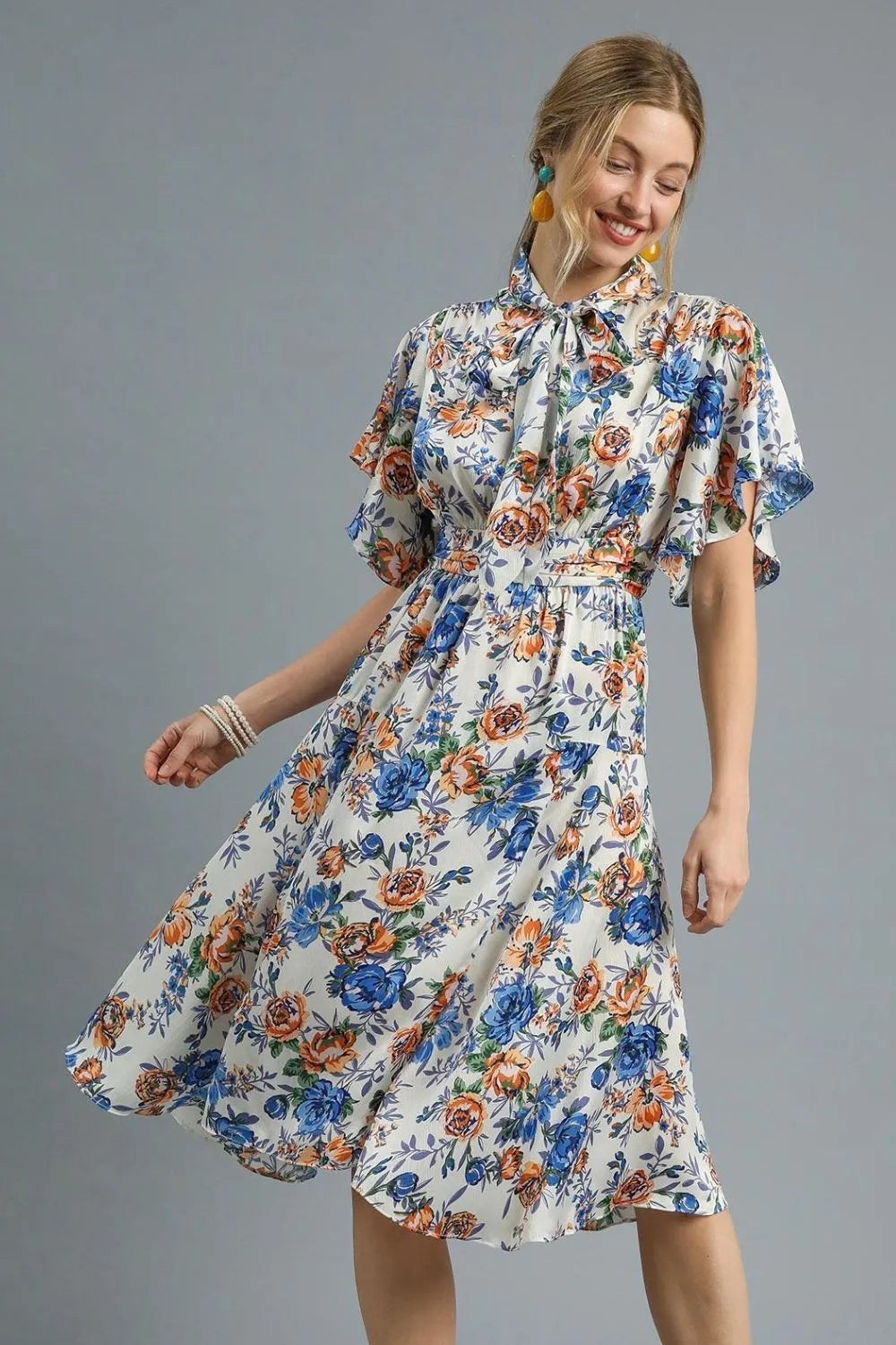 Umgee Floral Print Flutter Sleeve Dress Royal Blue