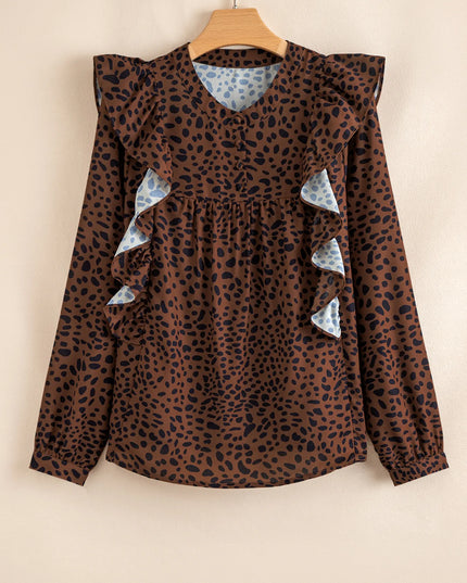 Leopard Print Ruffled Puff Sleeve Blouse