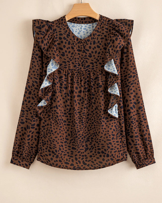 Leopard Print Ruffled Puff Sleeve Blouse