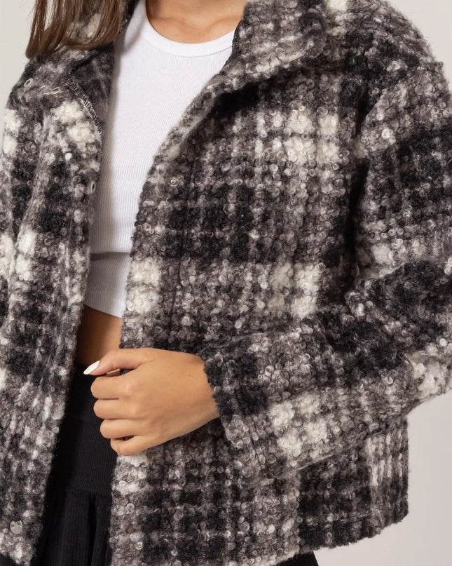 HYFVE Plaid Collared Neck Boucle Jacket with Pockets