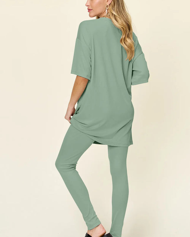 Double Take Full Size Round Neck Dropped Shoulder T-Shirt and Leggings Set