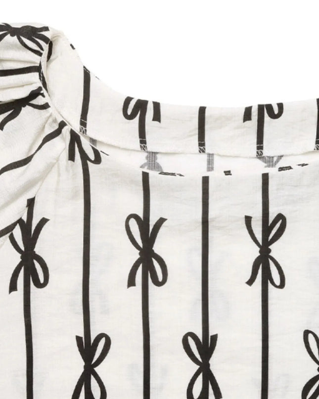 Bow Print Puff Sleeve Casual Blouse 