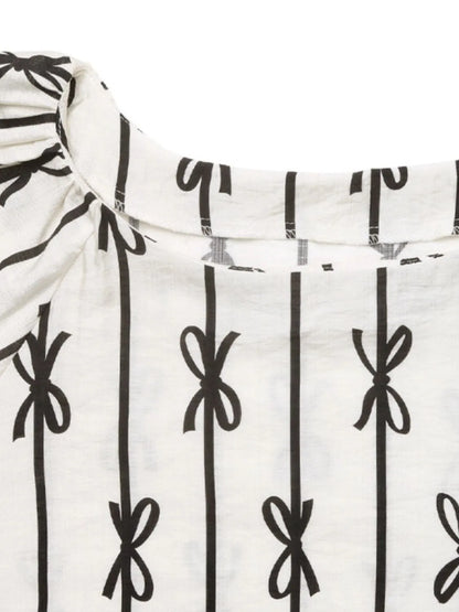 Bow Print Puff Sleeve Casual Blouse 