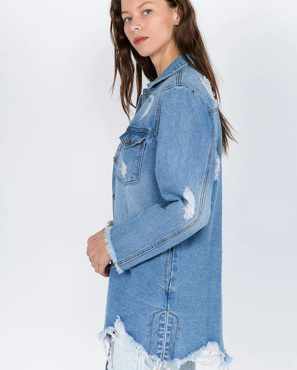 American Bazi Distressed Frayed Hem Denim Jacket 