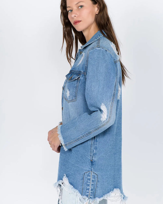American Bazi Distressed Frayed Hem Denim Jacket 