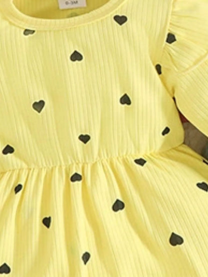 Children's Heart Print Dress & Headband Set Yellow
