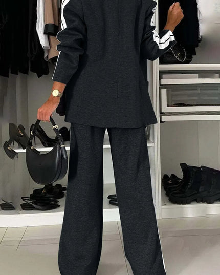 Full Size Contrast Lapel Collar Top and Pants Set