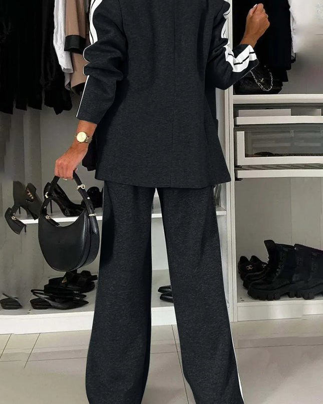 Full Size Contrast Lapel Collar Top and Pants Set