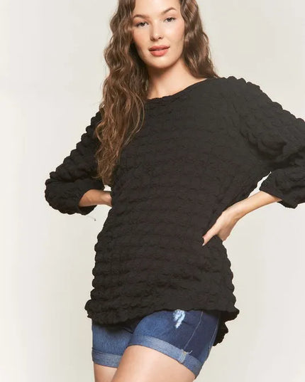 ADORA Bubble Texture Round Neck Blouse Black