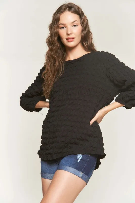 ADORA Bubble Texture Round Neck Blouse Black