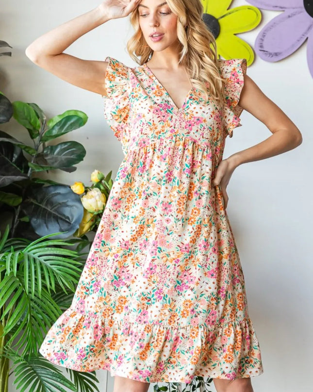 Heimish Full Size Floral Ruffled V-Neck Dress