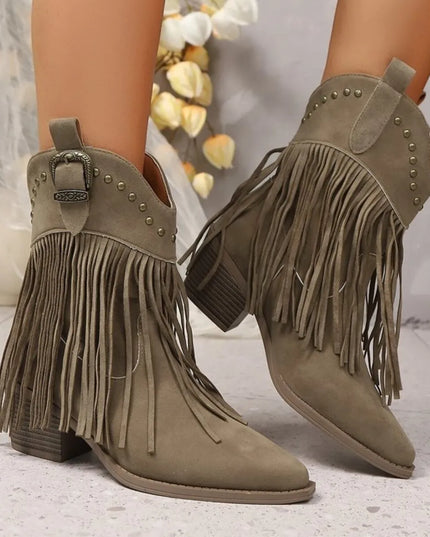 Fringe Point Toe Block Heels Boots