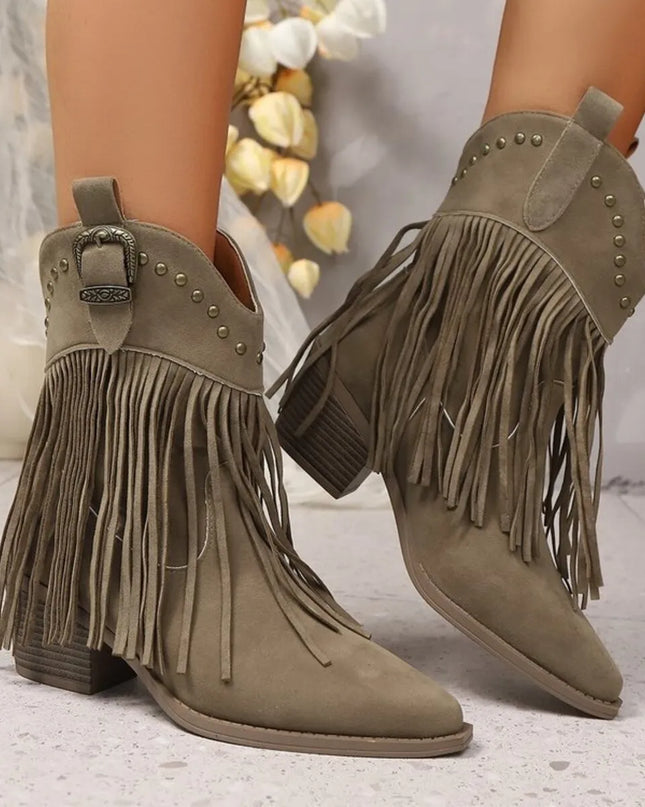 Fringe Point Toe Block Heels Boots