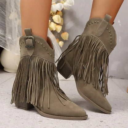 Fringe Point Toe Block Heels Boots