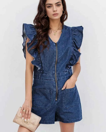 Denim Ruffled Zipped Front Belted Romper