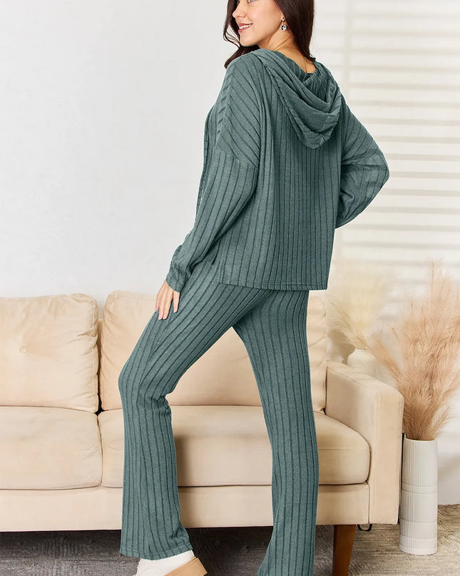 Basic Bae Full Size Ribbed Drawstring Hooded Top and Straight Pants Set