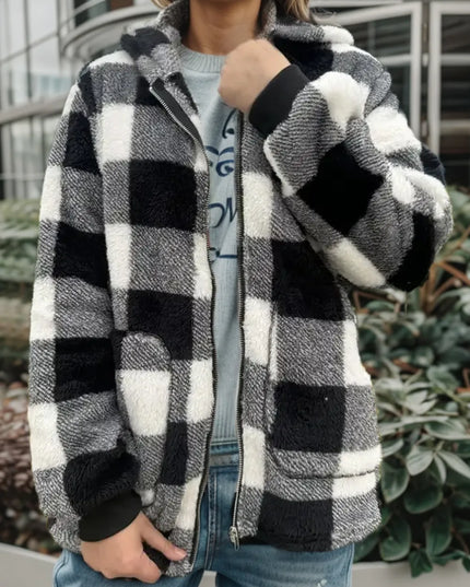 Double Take Full Size Plaid Long Sleeve Hooded Coat