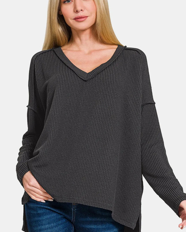 Zenana Texture Exposed Seam V-Neck Long Sleeve T-Shirt Black