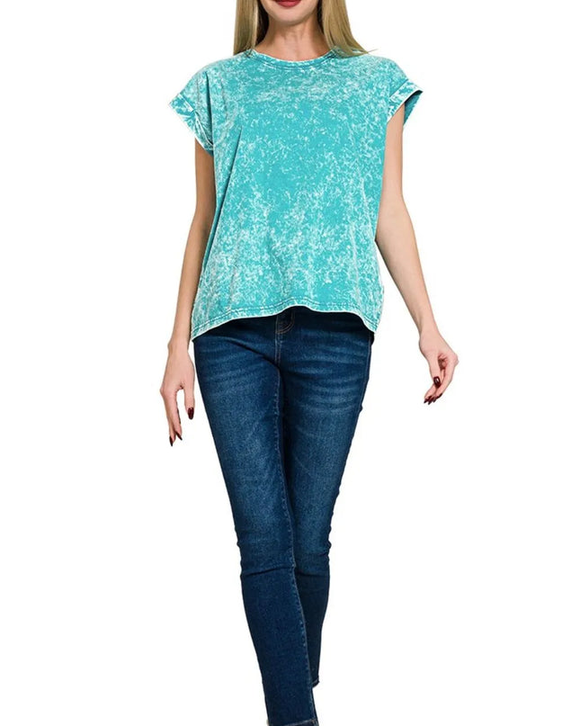 Zenana Crinkle Washed Round Neck Folded Short Sleeve Tee 