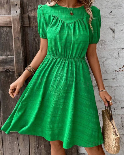 Ruched Round Neck Short Sleeve Mini Dress