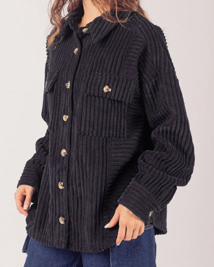 Button Up Long Sleeve Corduroy Jacket Black