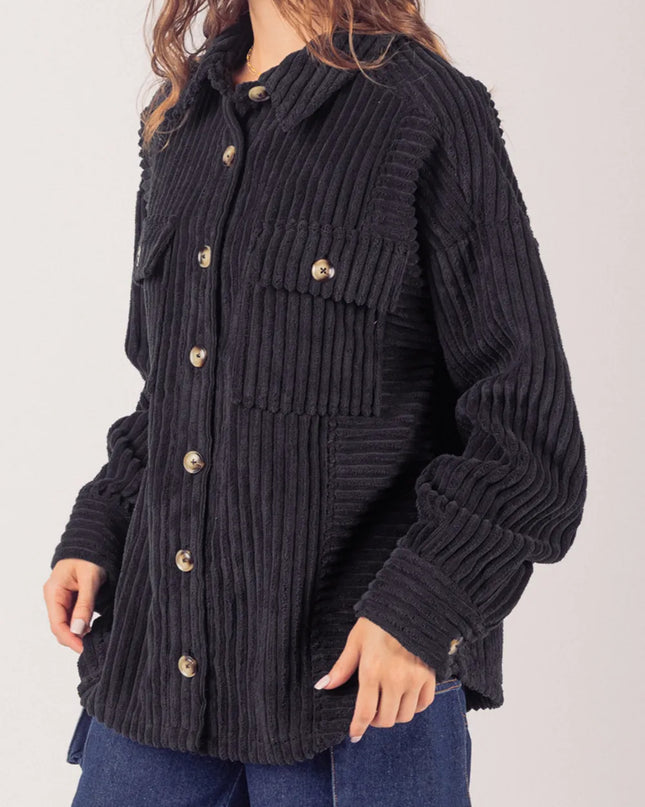 Button Up Long Sleeve Corduroy Jacket Black