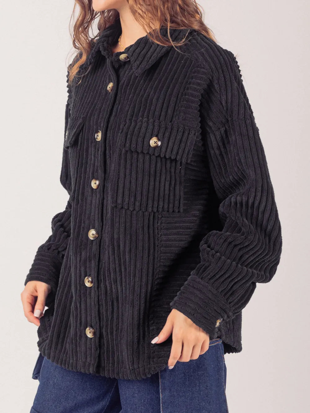Button Up Long Sleeve Corduroy Jacket Black