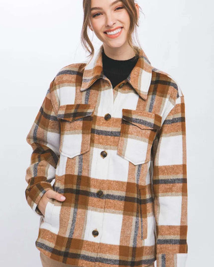 Love Tree Plaid Button Up Shacket Clay