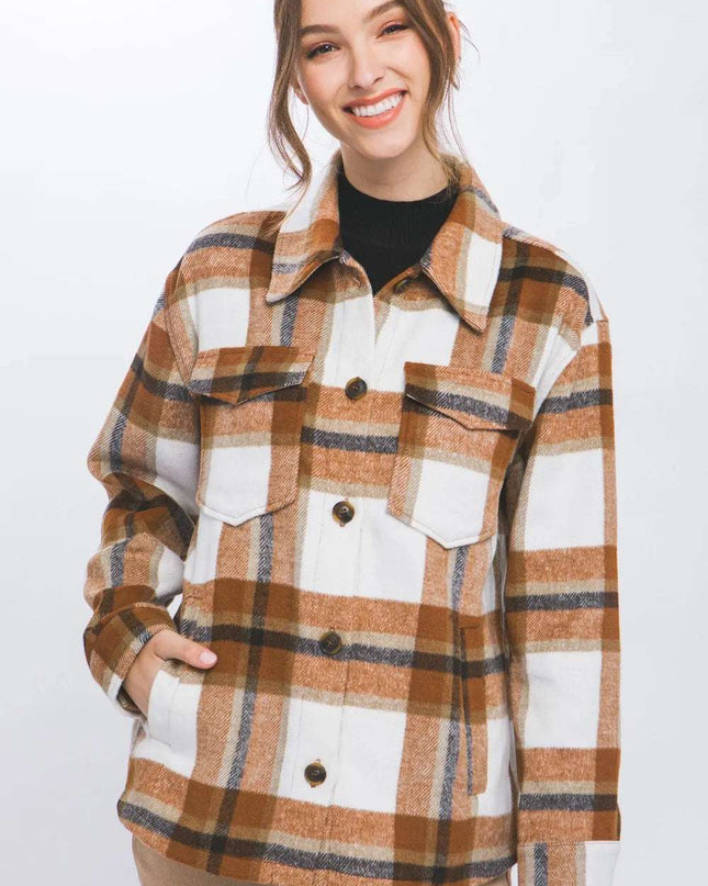 Love Tree Plaid Button Up Shacket Clay