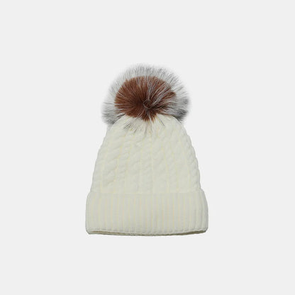 Cable Knit Winter Hat with Pompom Ivory One Size