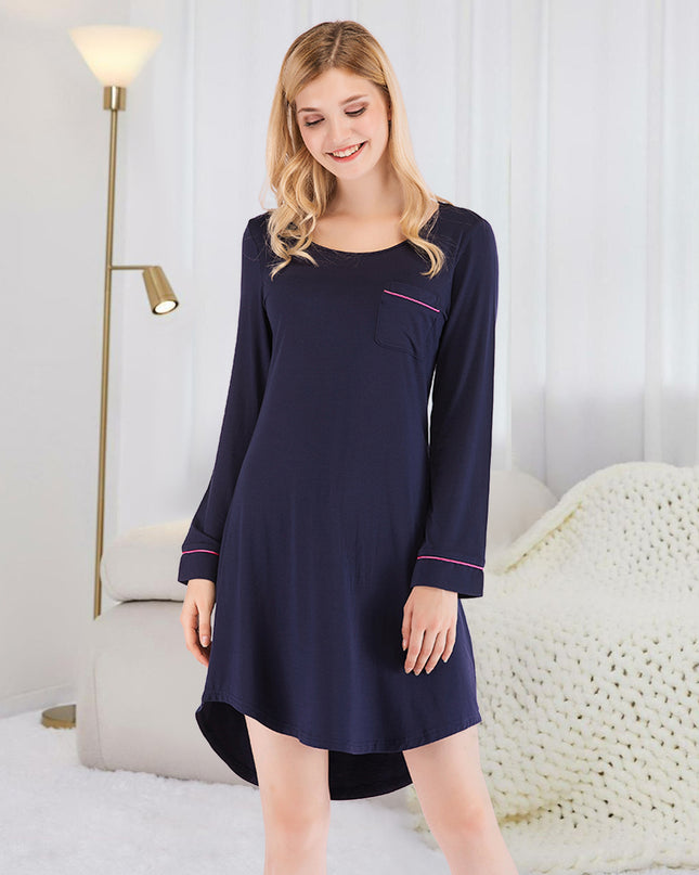Round Neck Night Dress with Pocket Dark Navy