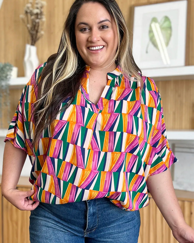 Double Take Full Size Geometric Notched Dolman Sleeve Top